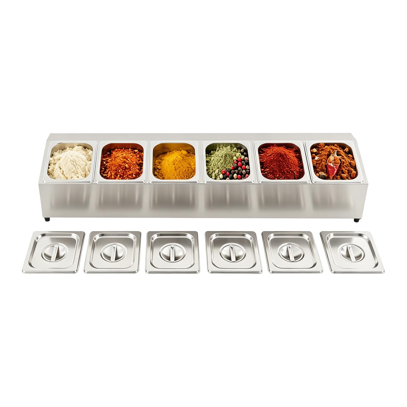 lieroda Pizza Topping Station 6 Compartment Stainless Steel Condiment Holder, Stainless Steel Ingredient Container With Lid, 1.5L Per Tray Seasoning Tray For Restaurant Hot Pot Bar Garnish Storage
