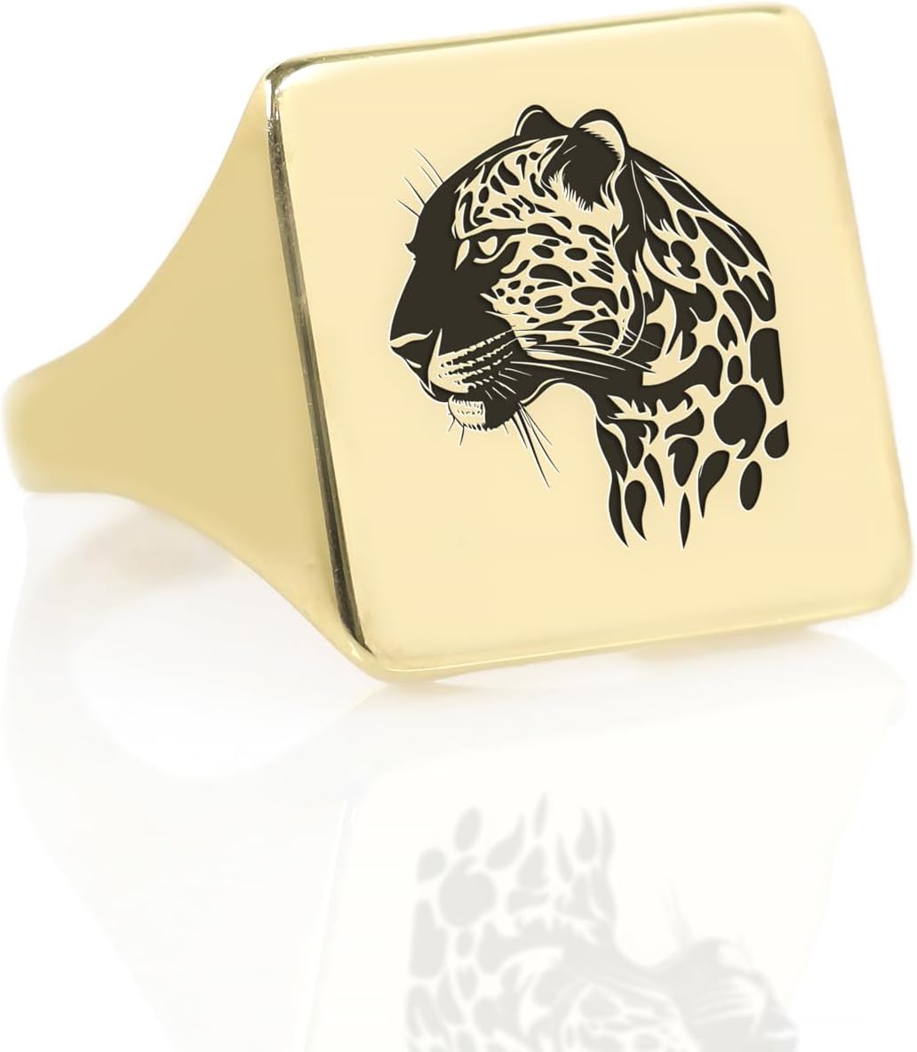 Gold Jaguar Signet Ring – Custom Animal Jewelry – Bold Square Shaped Statement Ring