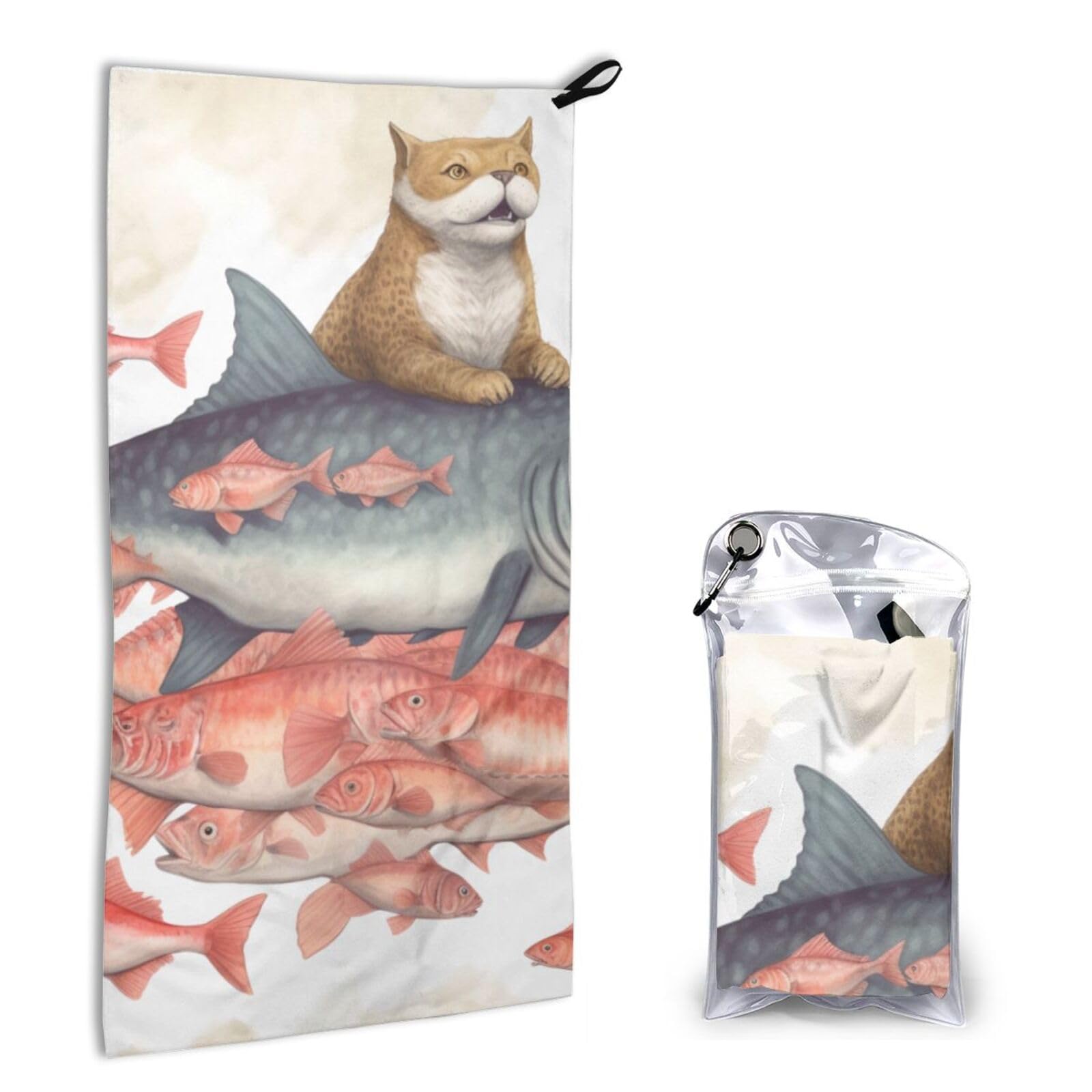 BWWHCCTI Quick Dry Hand Towel With Bag - Cats Riding Fish Printed Super Absorbent Face Cloth Microfiber Travel Sports Towels 40x80cm