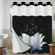Leowefowa Lotus No Hook Shower Curtain with Snap in Liner, Blue White Floral Modern Zen Double Layer Shower Curtain and Liner Set, Ringless with Window Waterproof Cloth Fabric, 71" W X 74" L