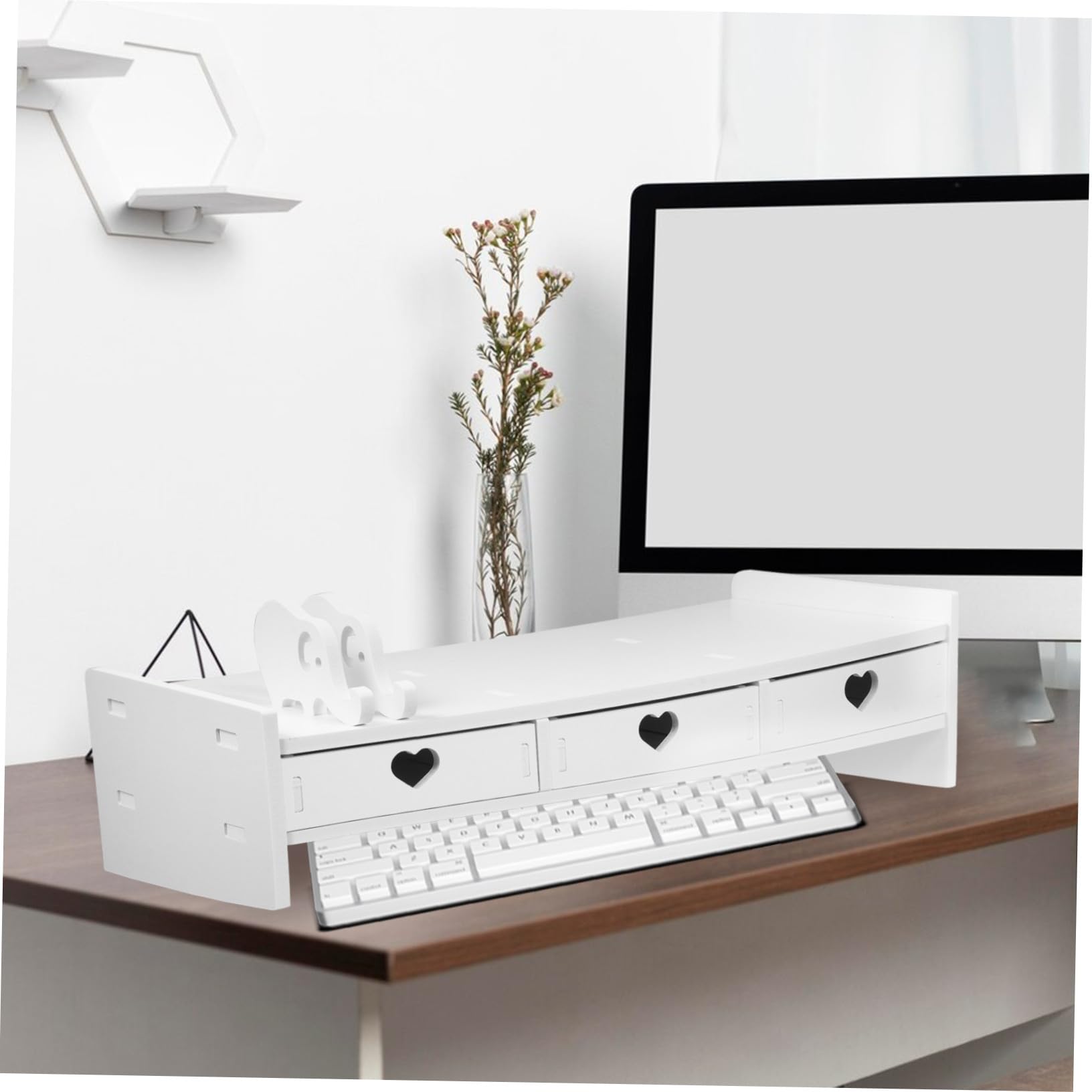 Biurko Organizacyjne Podstawka Pod Monitor z Szufladami Do Przechowywania Klawiatury i Akcesoriów Podwyższana Stojak Laptopa Minimalistyczny Biały Organizer Biurko Do