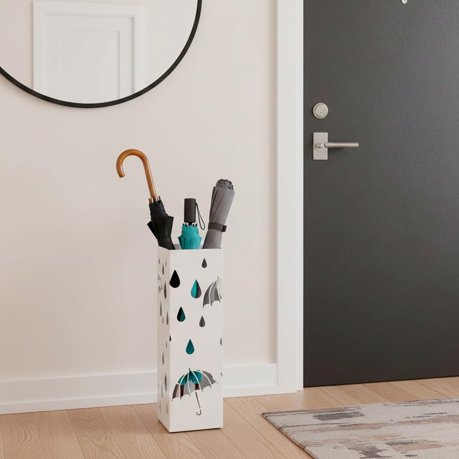 Arreditaly Portaombrelli In Acciaio Zincato Con Vaschetta Scolapioggia E 4 Ganci Removibili Base Antiscivolo Design Moderno Per Ingresso Casa e Ufficio 49 x 15.5 x 15.5 Cm (Bianco)