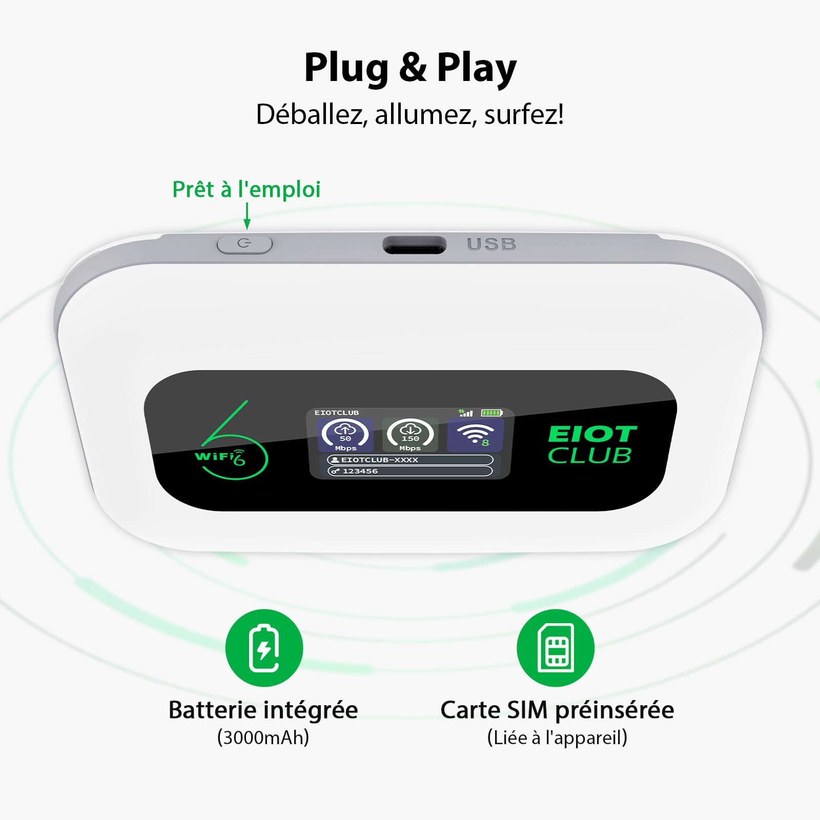 EIOTCLUB Routeur 4G Portable 3000mAh, SIM Europe Inclus 1Go sans Abonnement | SIM UE Intégrée (33 Pays) | WiFi 6 Mobile (150Mo/s, 2,4GHz) | WPA3, 32 Appareils, Écran LCD, Voyage & Camping