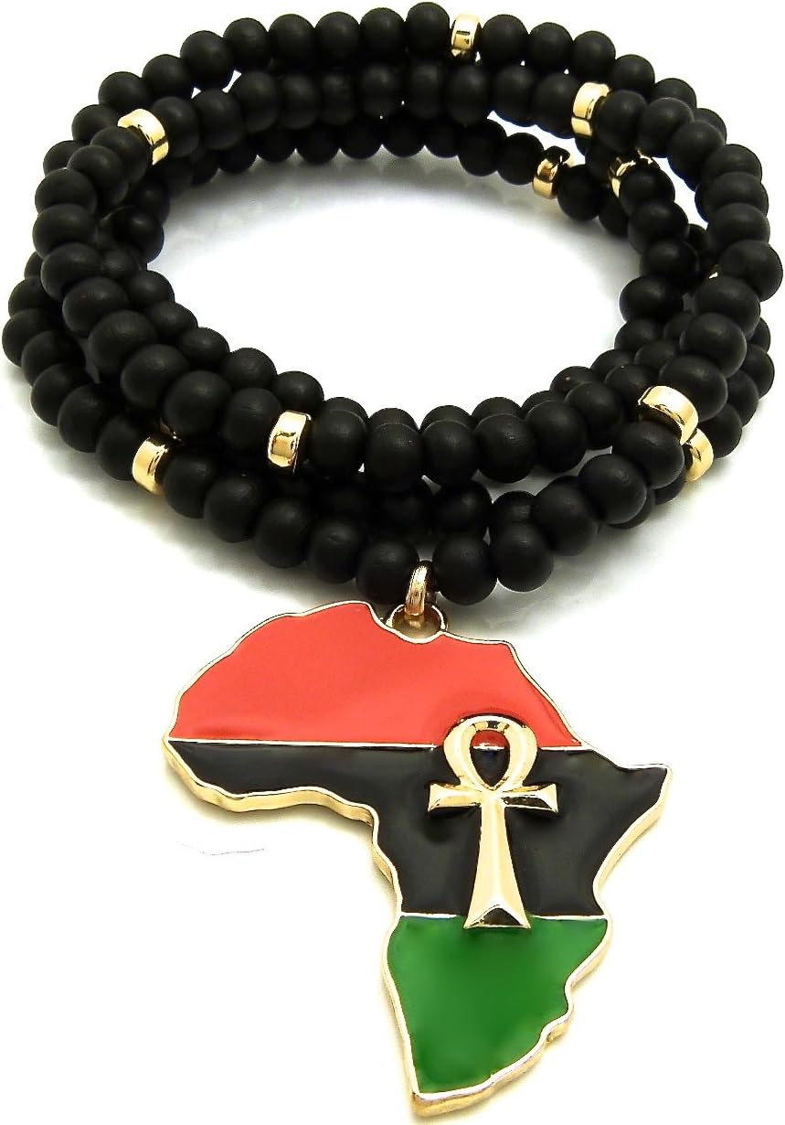 GWOOD Africa with Ankh African Pendant 31 Inch Black Wood Bead Necklace Gold