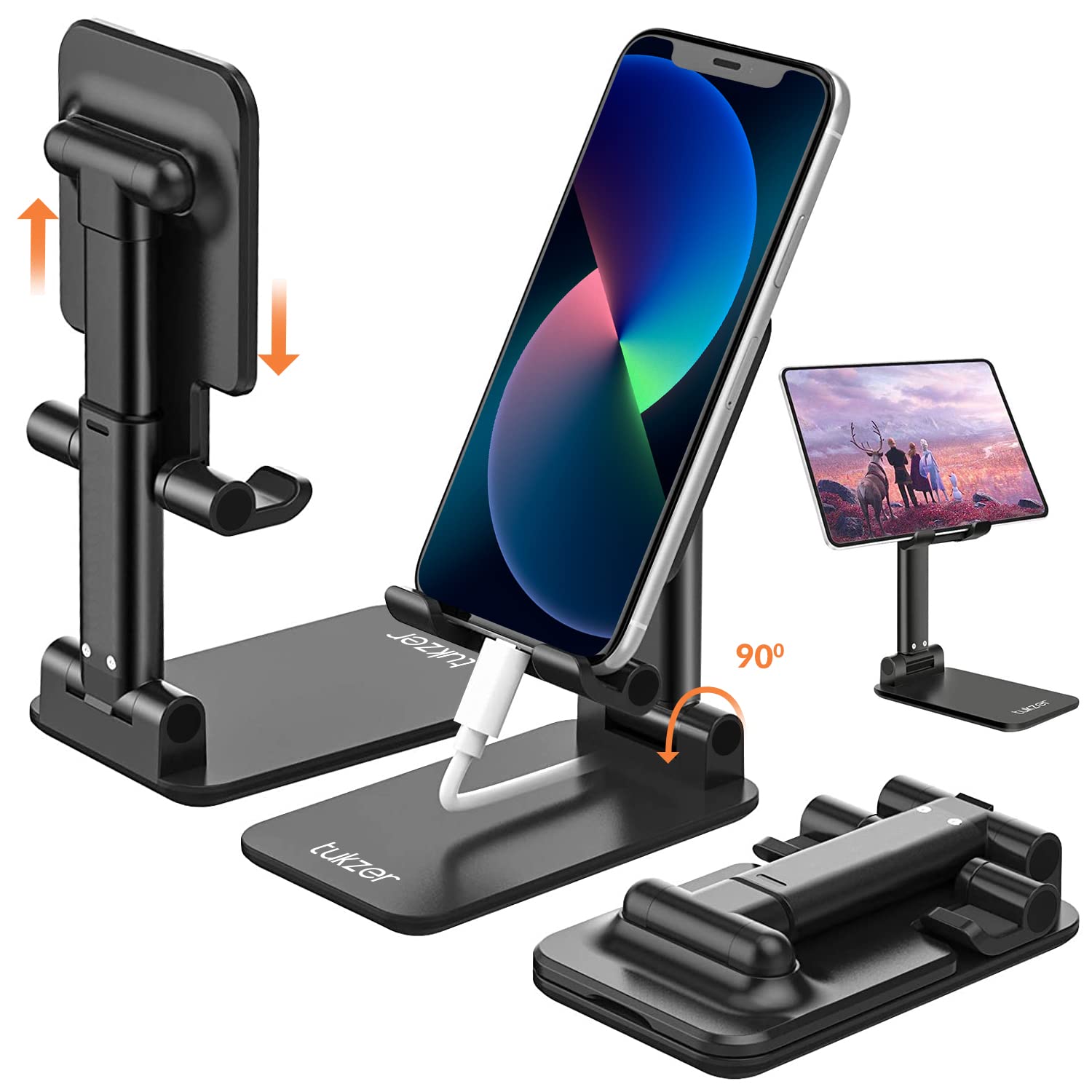 TukzerTablet Stand, Fully Foldable | Angle Height Adjustable | Tab & Phone Holder Stand for Desk, Cradle, Dock, Desktop Tablet Stand Compatible with Smartphones/iPhone/iPad/Tablets/Kindle (Black)