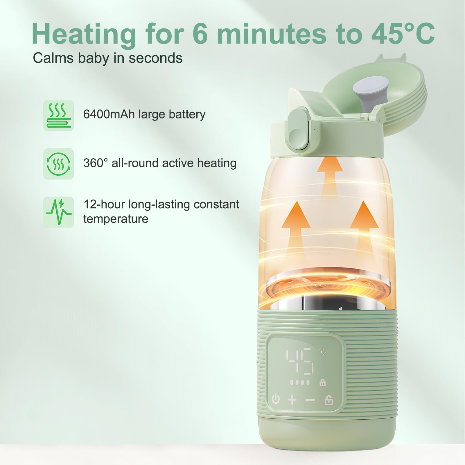 Scaldabiberon Portatile Senza Fili, Scalda Biberon Neonato Portatile, 500ml Riscaldamento Veloce Latte Materno & Formula, Con Lcd Controllo Temperatura Preciso 6400mah USB-C Ricarica Veloce
