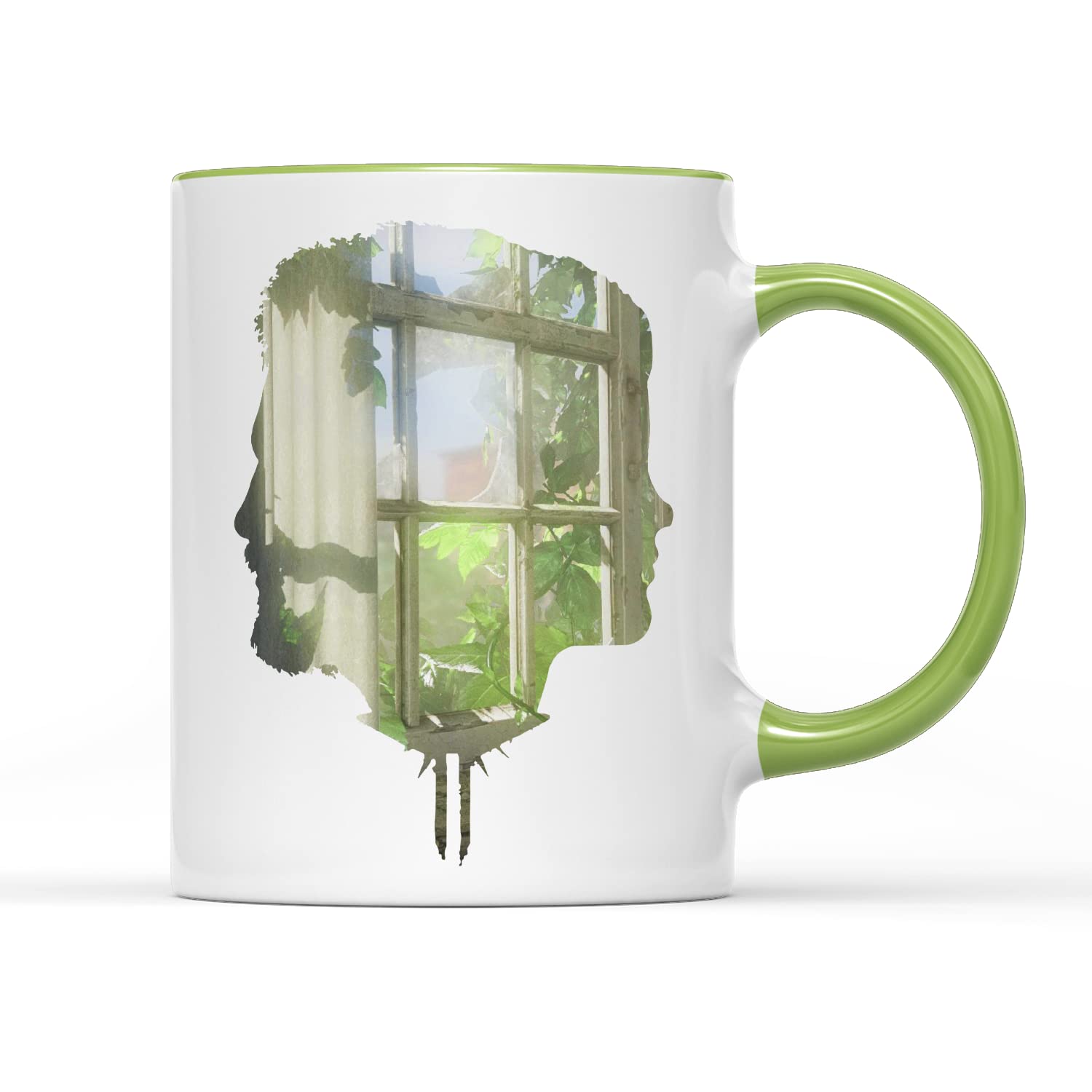 SMARTYPANTS Joel and Ellie Silhouette Mug Tea Coffee Cup - Look for The Light Fireflies Game Inspired Gamer Fungi Post-Apocalyptic TV Action Survival Horror Gift Present (Light Green Handle Prime)