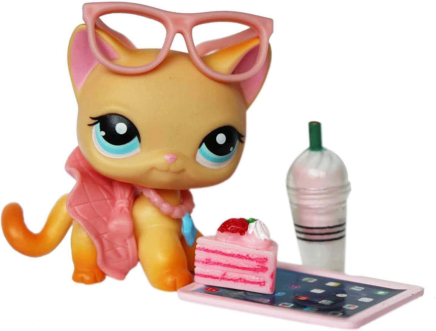 LPS Accessories Lot Laptop Glasses Skirt Collar Cake Food Drink Pink Outfit Set for lps Rare Figures Shorthair Cats and Collie Great Dane Cocker Spaniel Dogs 6 PCS (Cat Not Included)