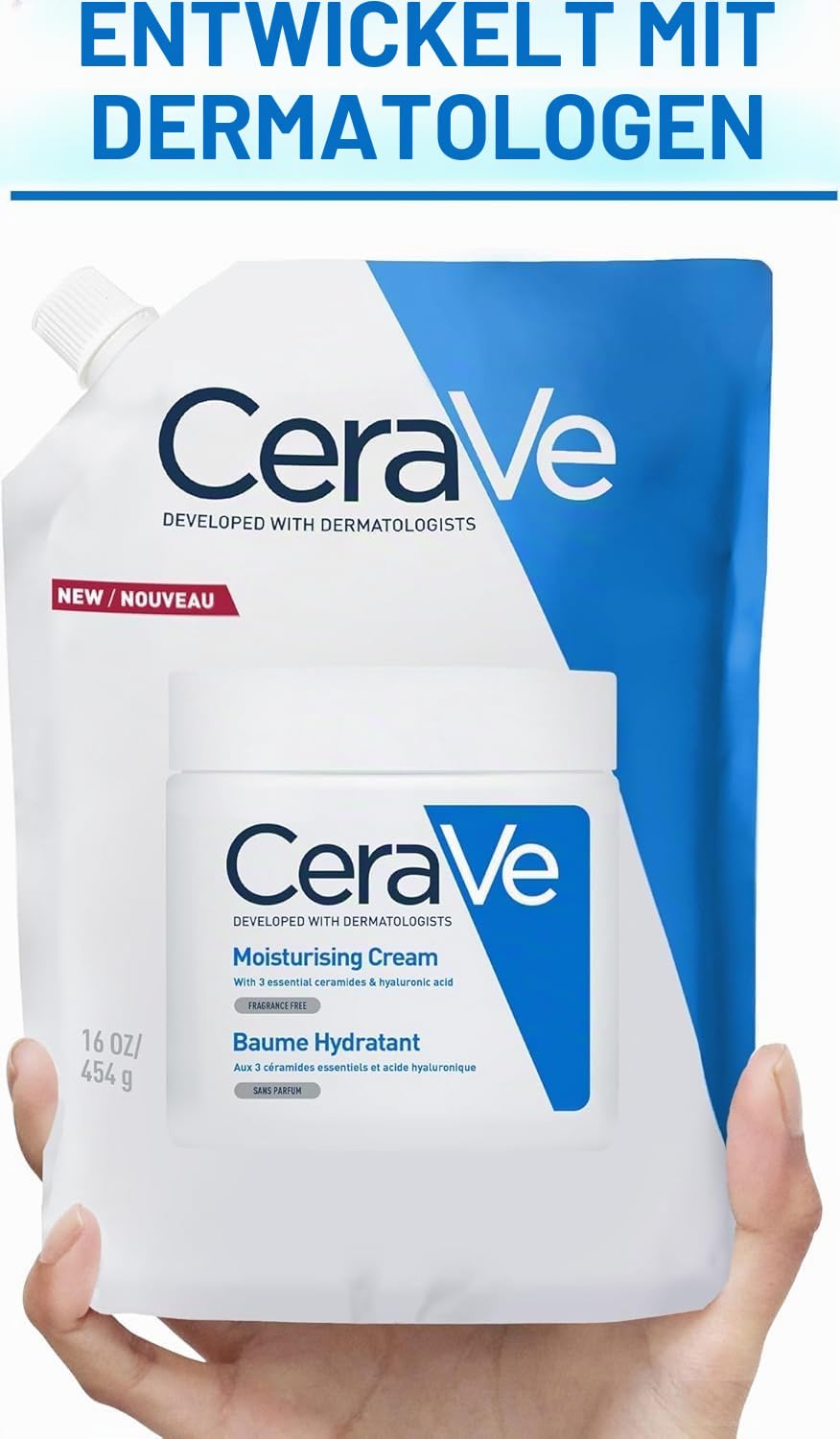 CeraVe Feuchtigkeitscreme mit Nachfüllung - Mit Hyaluronsäure & 3 essentiellen Ceramiden - Reichhaltige Hydratation für trockenes bis sehr trockenes, empfindliches Gesicht & Körper (454g Glas + 454g