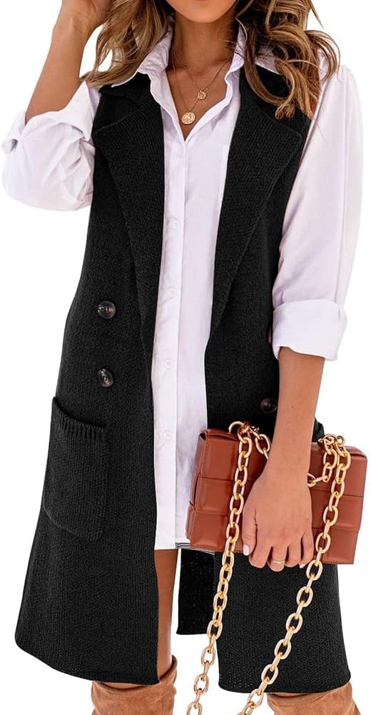 Kinghua Sweater Vest Women Fall Winter Clothes V Neck Button Down Knit Sleeveless Long Cardigan Sweaters with Pockets