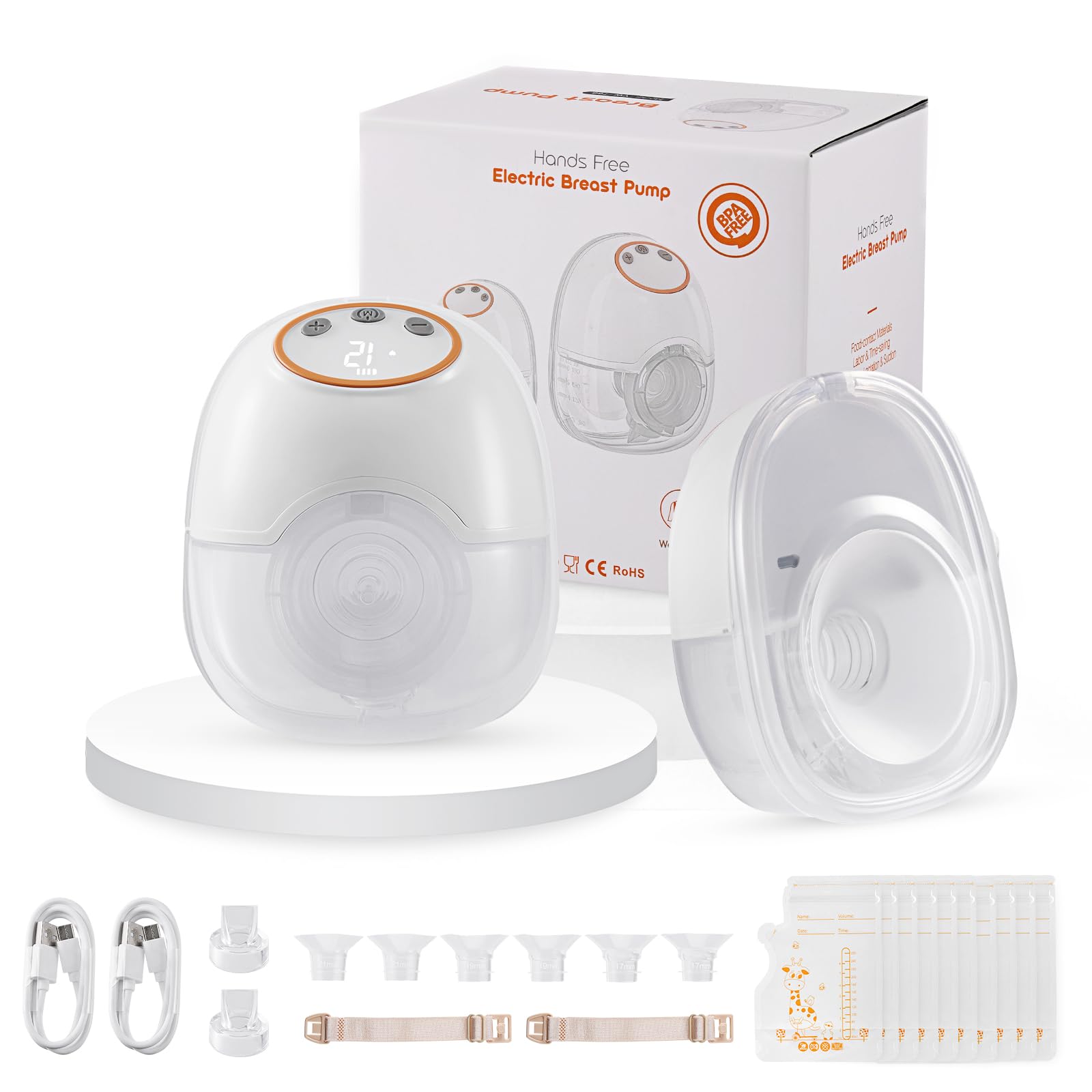 Sacaleches eléctrico, sacaleches manos libres con 4 modos y 12 niveles, sin BPA, silencioso, portátil y ligero, con boquilla de 17/19/21/24 mm, pantalla LED inteligente