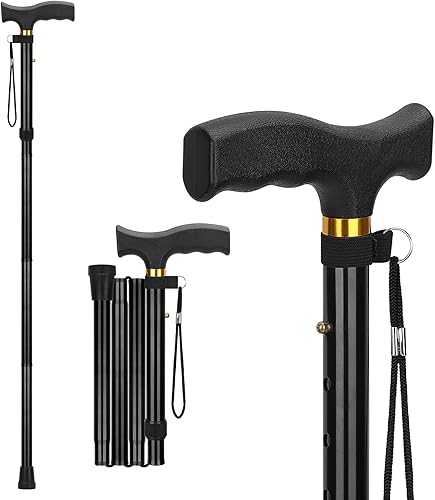 Miniatura 12 de supregear Bastón Plegable, Bastón de Caminar Ligero Ajustable de 5 Niveles con Correa para la Muñeca y Mango en T, Ayuda de Movilidad Portátil para