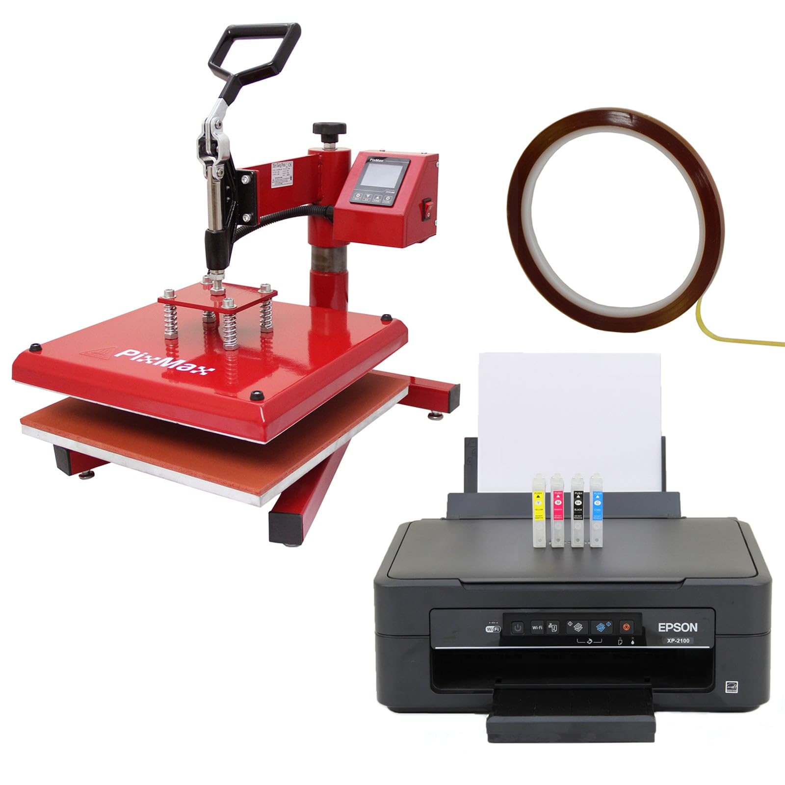 Pressa a caldo swing 38x38 cm PixMax con stampante Epson, cartucce sublimazione e accessori per stampa su t-shirt, abbigliamento e articoli personalizzati