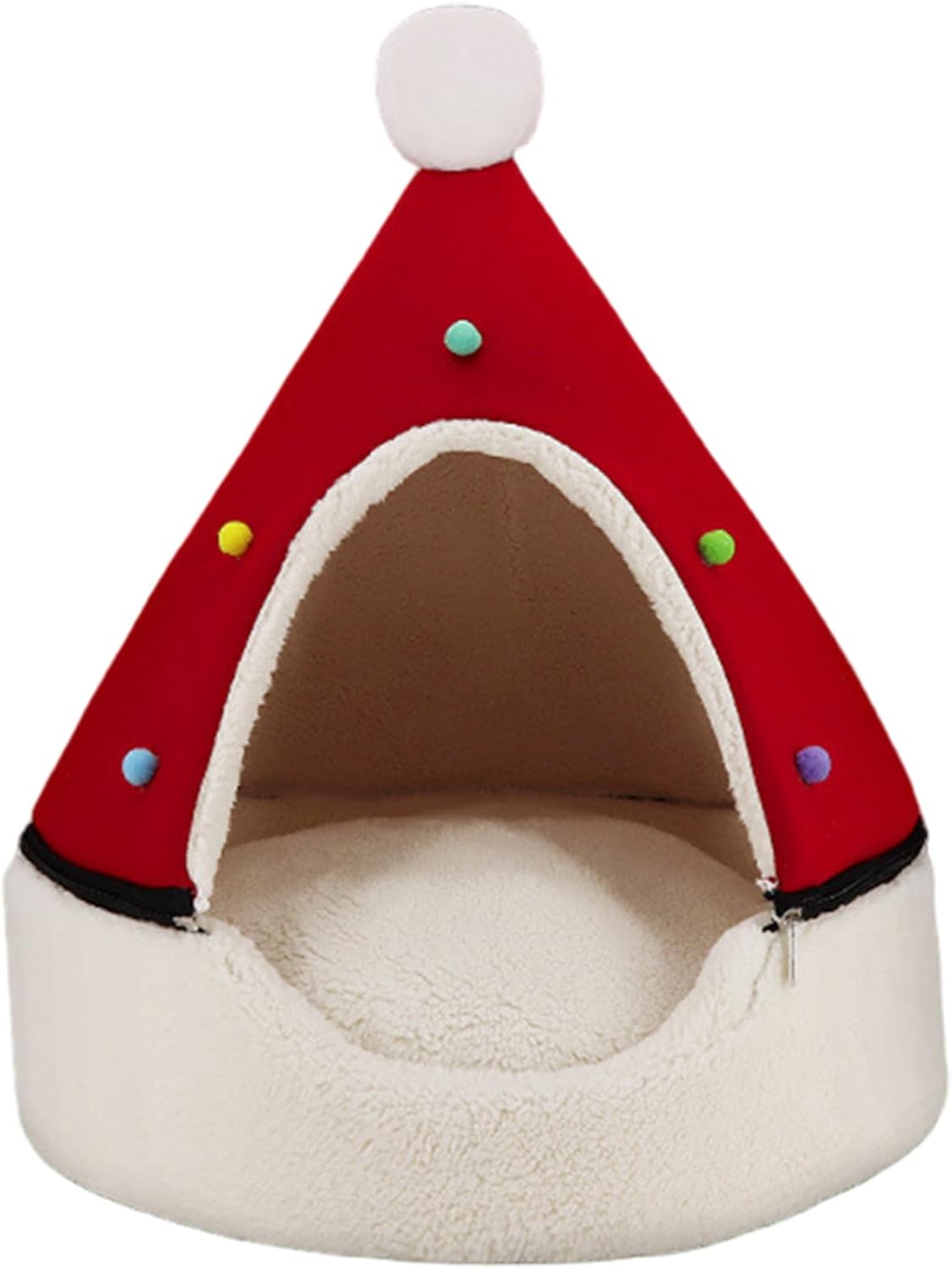 Christmas Tree Cat Bed, 37x46cm Plush Warm Christmas Tree Shaped Puppy Dog House with Pom Poms Balls, Indoor Cat House Bed for Cats Puppy Small Dogs (Red)