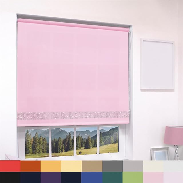 Diamante Glitter Straight Edge Dimout Roller Blind - Easy Fit Home Office - 90cm Width x 160cm Drop - Pink