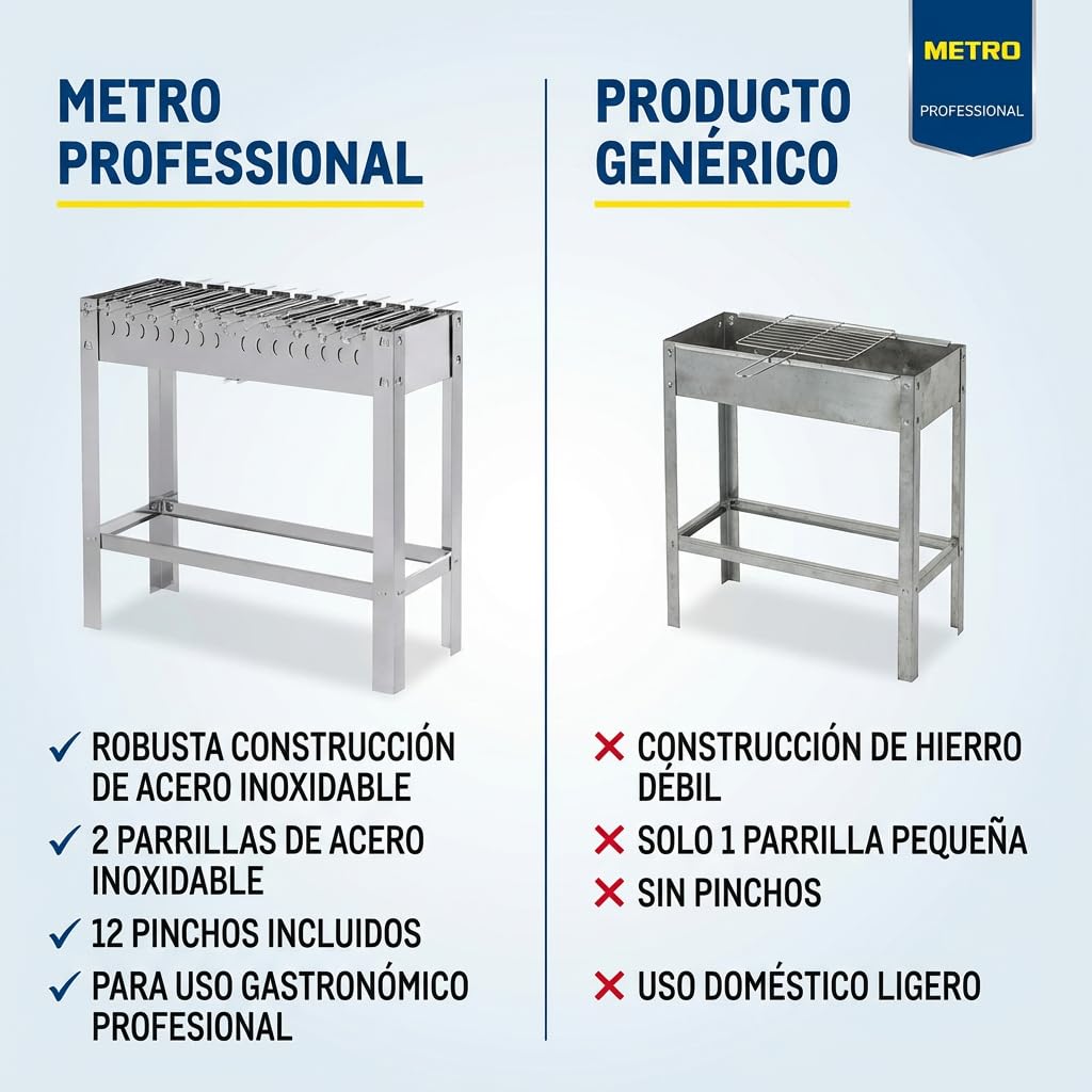 METRO Professional Barbacoa de Carbón Rectangular Karasu, Acero Inoxidable, 31 x 81 x 80 cm, 2 Rejillas,12 Pinchos, Plata
