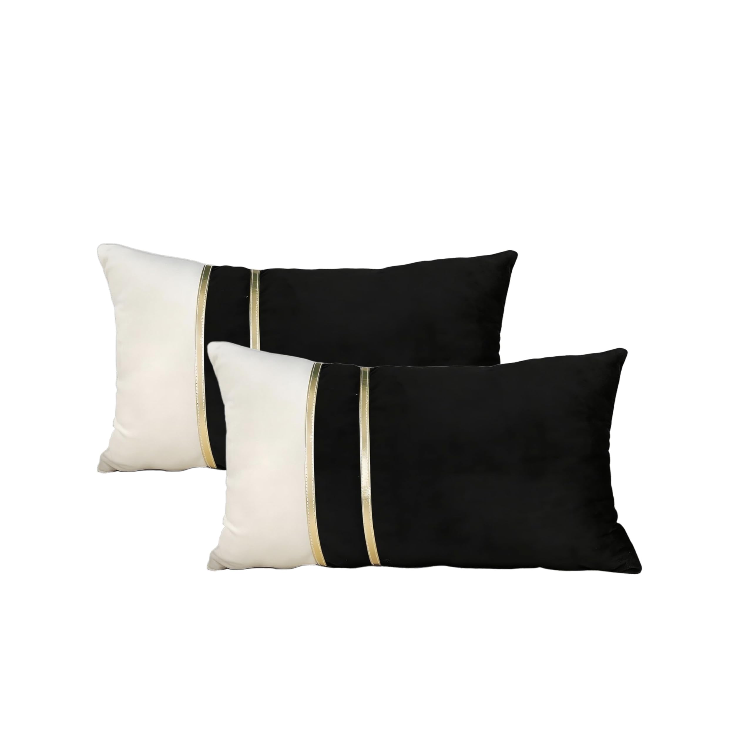 TAOSON Velvet Throw Pillow Covers,Pack of 2 Soft Decorative Cushion Covers Cases Black Beige Patchwork with Gold Leather for Sofa Bedroom Livingroom Car, 12 x 20 Inch — image 1
