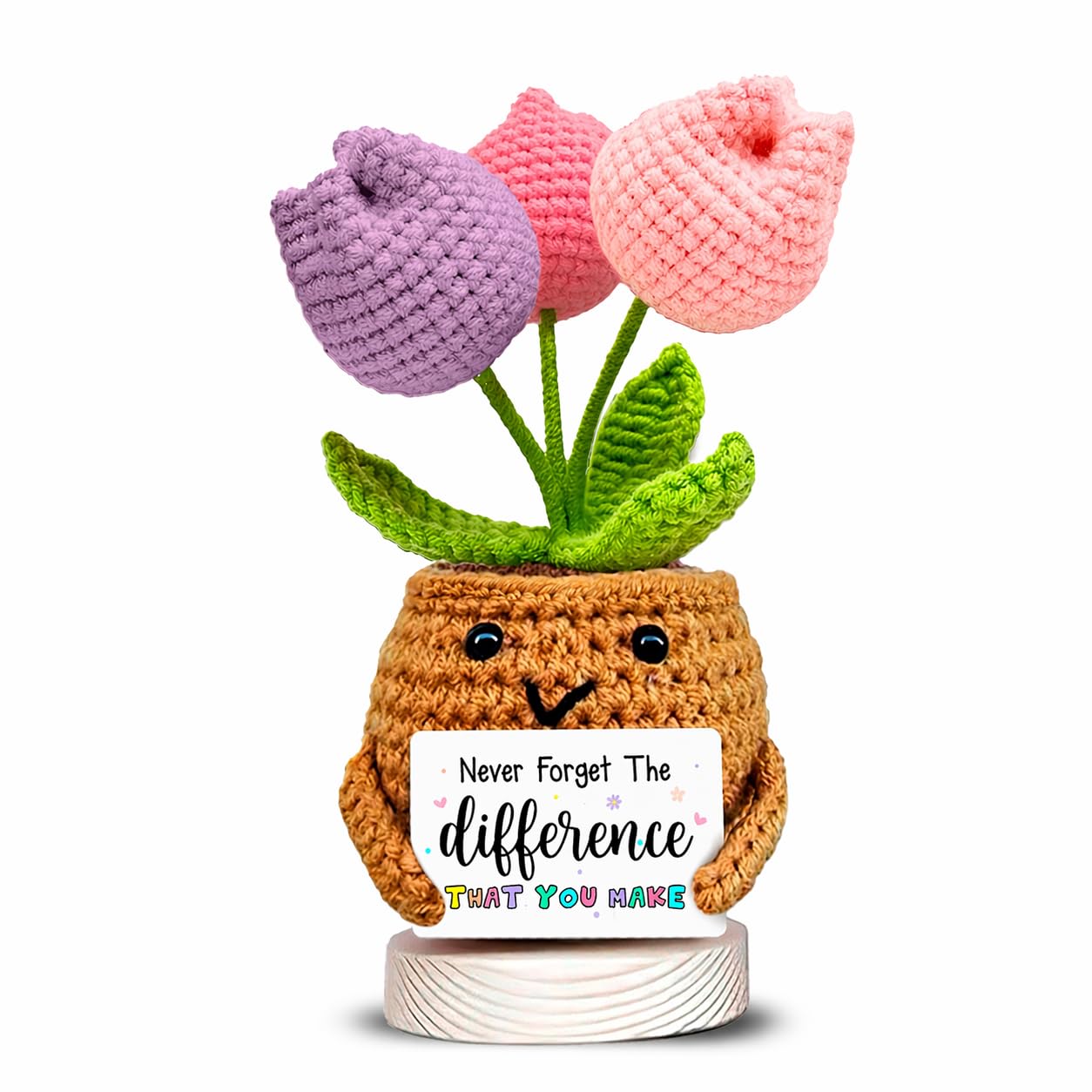 Velenti Pink Handmade Crochet Flower Pot With Positive Quote – “Never Forget The Difference That You Make” | Cute Appreciation Gift For Coworker, Best Friend, Nurse, Mum | Desk Decor, Thank You Gift