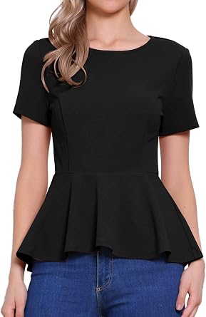 Allegra K Peplum Tops for Women Summer Short Sleeve Crew Neck Dressy Casual Blouse Business Work Shirt