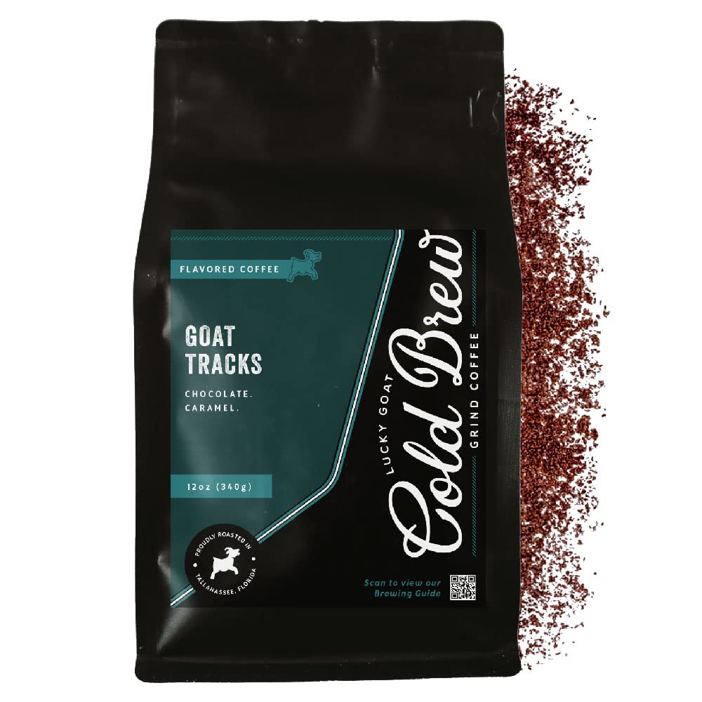 Lucky Goat Cold Brew Coffee | Goat Tracks | Chocolate & Caramel Flavored | Medium Body Roast | Sweet | Specialty Grade 100% Arabica | Course Ground Coffee Grinds | Sugar Free, Gluten Free, Keto 12oz