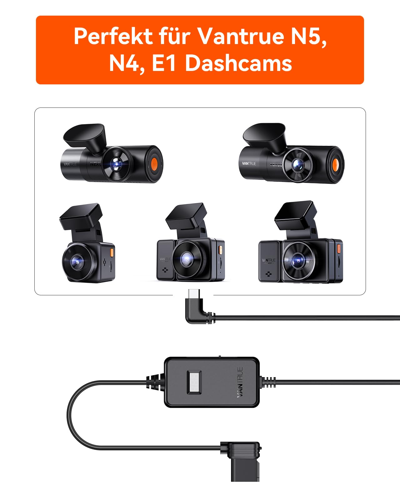 VANTRUE USB C Display OBD Hardwire mit 3 Stufen für alle Vantrue Dash Cam Halterung, Niederspannungsschutz 11.6V/12V/12.4V, 23.6V/24V/24.4V, 24 Std. Parküberwachung, 3 Meter Lang (VP04)
