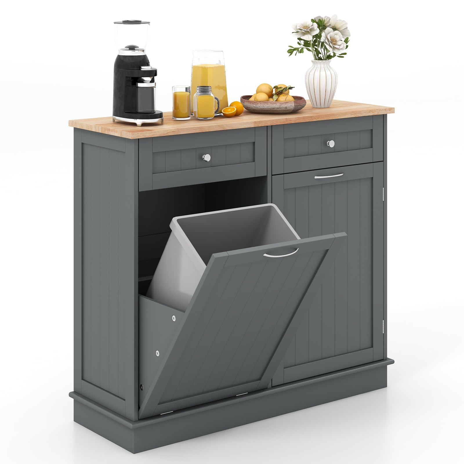 GOFLAME Kitchen Tilt Out Trash Bin, Freestanding Laundry Sorter w/Rubber Wood Countertop, Hideaway Trash Can Holder, Adjustable Shelf, Recycling