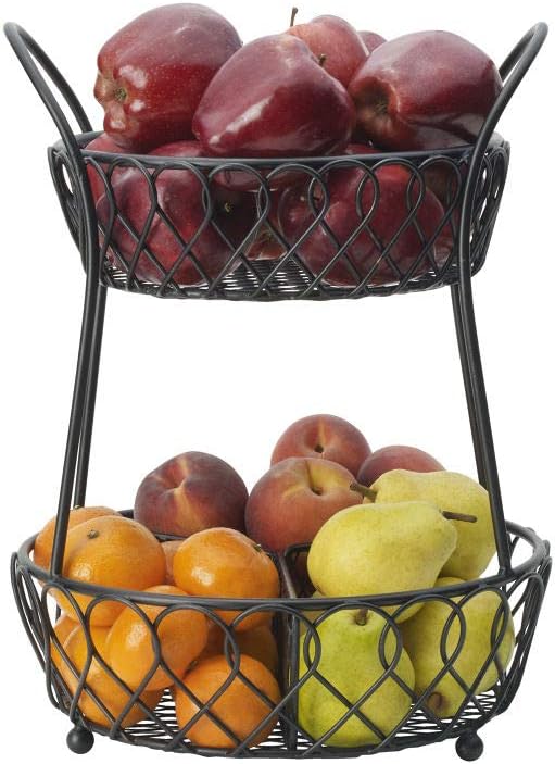 Gourmet Basics by Mikasa Loop and Lattice 2 Tier Divided Round Basket, Black