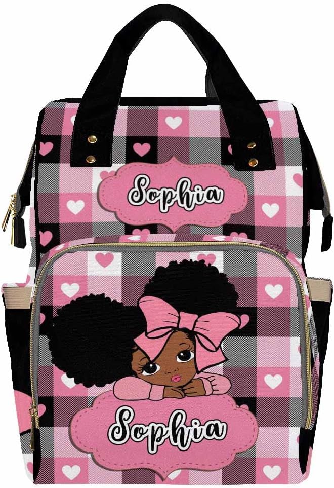 Artsadd Custom Name Baby Diaper Bag from Mom Dad, Personalized Pink Hearts Plaid Baby Backpack with Stroller Straps Large Capacity Shoulder Bag for Girls Daughter