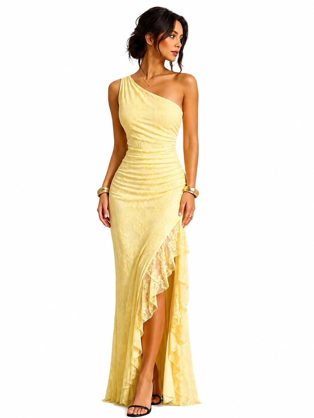 Women's One Shoulder Floral Lace Bodycon Maxi Yellow | Ruched Waist & High Slit | Side Ruffle Floor Length Gown | Vacation, Prom, Cocktail, Casual-image-27
