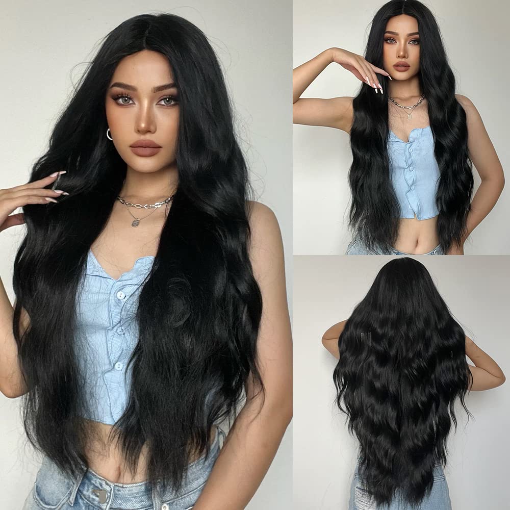 MAGQOO Black Wig Women Long Curly Wavy Black Wigs Middle Part Heat Resistant Hight Density Synthetic Wigs (Black)