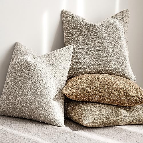 Image of Foindtower Set of 2, Decorative Textured Boucle Throw Pillow Covers Accent Solid Pillow Cases Neutral Cozy Couch Cushion Case for Chair Sofa Bedroom Living Room Home Decor 16 x 16 Inch Ivory Beige