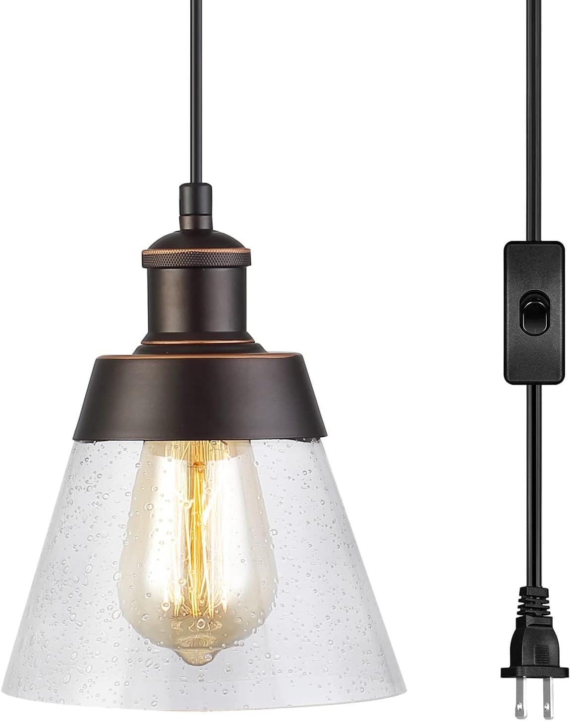 Fivess Lighting Rustic Glass Plug in Pendant Light with 15ft Cord, On/Off Switch, Handblown Clear Seeded Mini Hanging Fixture for Kitchen Island Sink Bar Farmhouse, Oil Rubbed Bronze (FSS3203-1P)