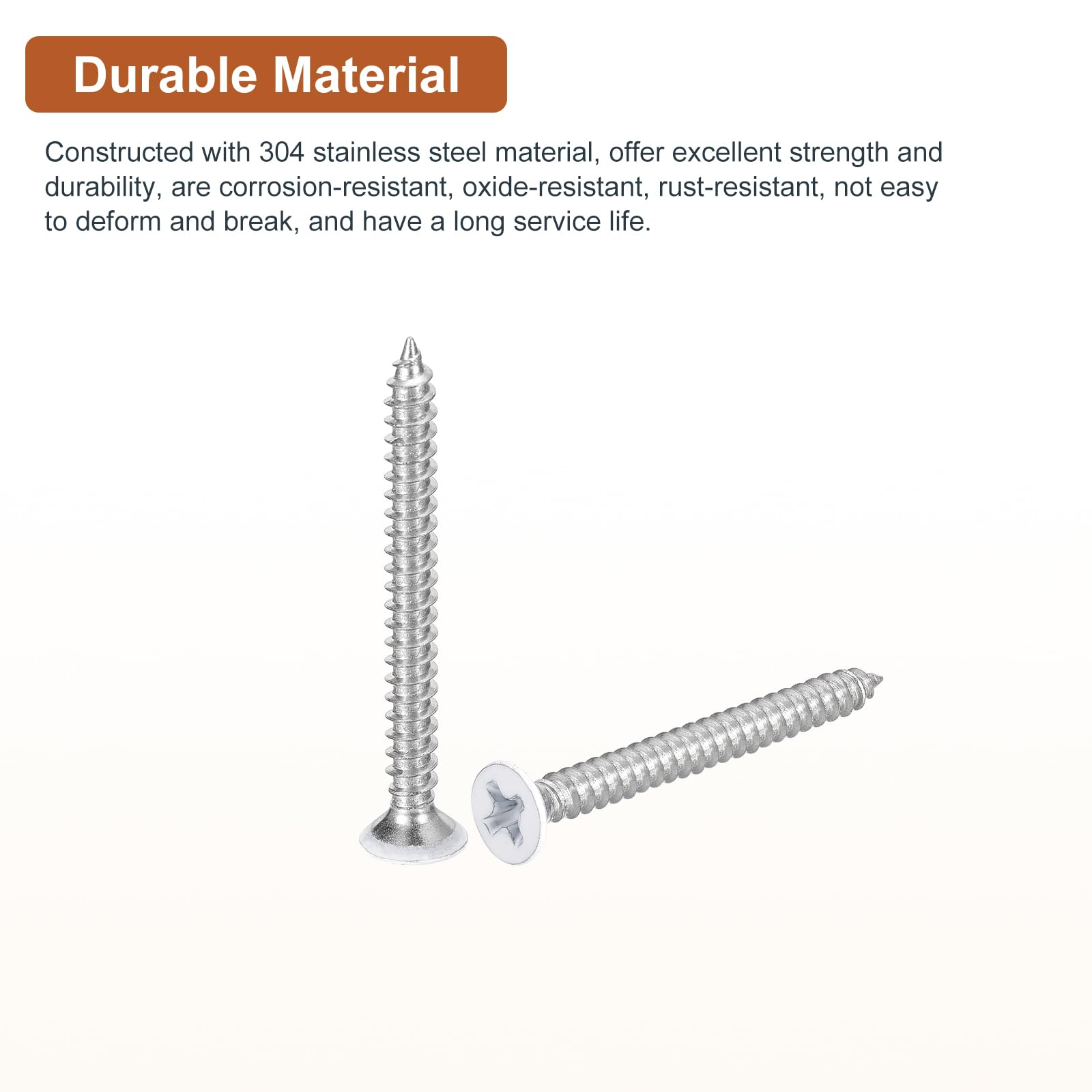 DTGN 100Pcs #6x1-1/2" Flat Head Wood Screws, 304 Stainless Steel White Phillips Self Tapping Screws - Image 3