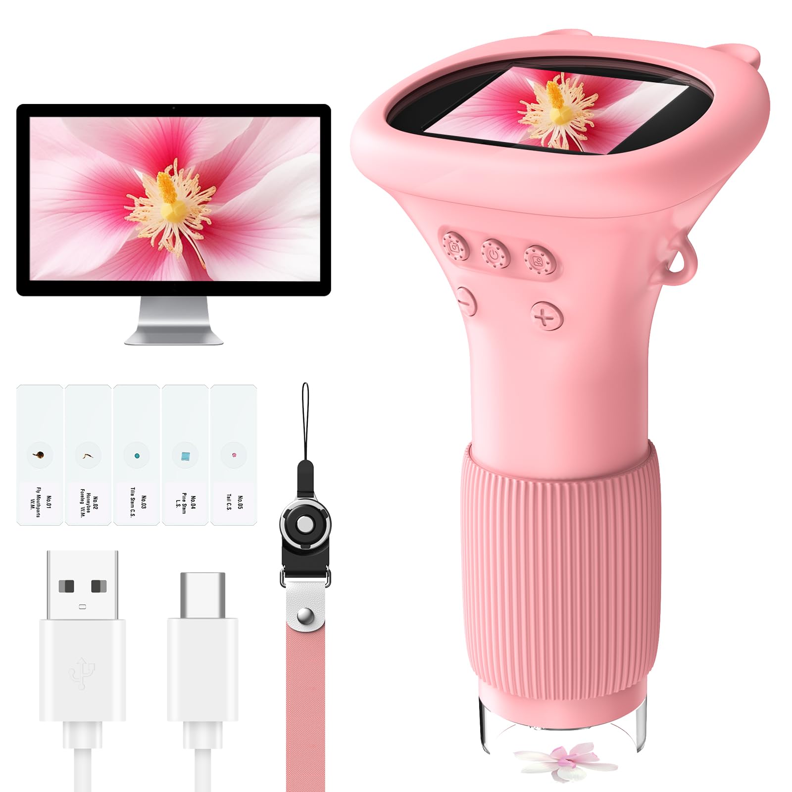 MAXLAPTER Microscopio Digitale Portatile per Bambini: 1000X Microscopio Tascabile con Schermo IPS da 2" e 8 Luci a LED Regolabili - Regalo di Compleanno per Ragazzi e Ragazze dai 3-12 Anni, Rosa