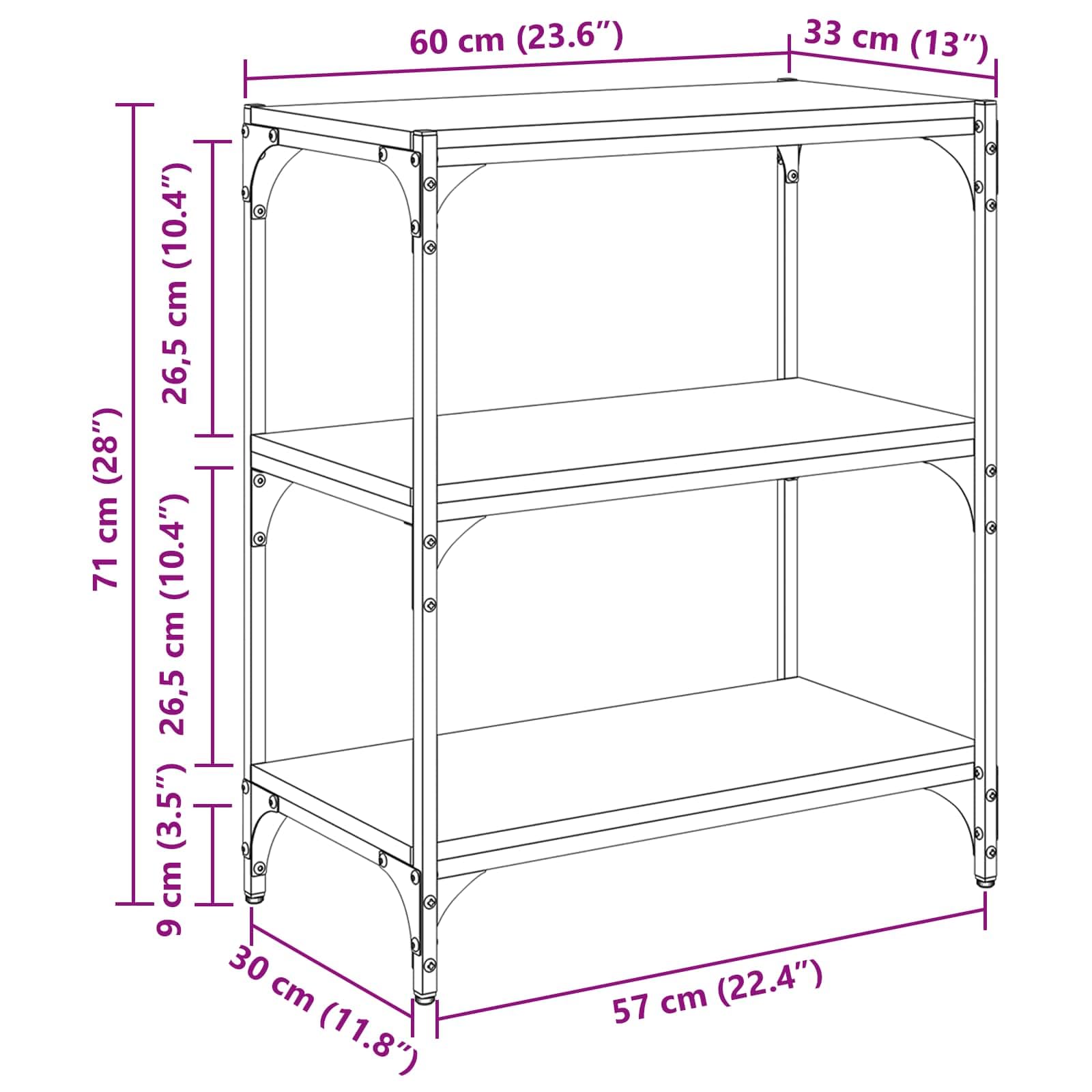 Libreria in legno anticato, 60 x 33 x 70,5 cm, con 3 ripiani, per soggiorno, ufficio e corridoio, robusto design industriale, molto spazio, divisorio da parete e stanza