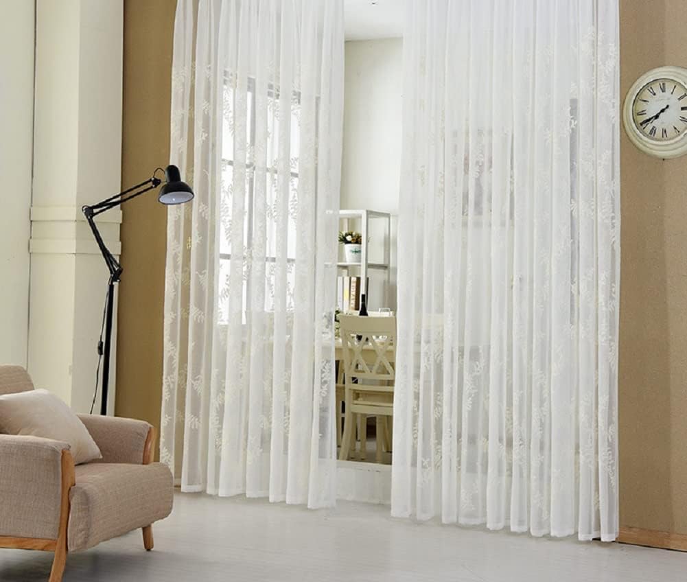 Modern Simple Style Pine Pattern Embroidered Semi Shading Sheer Curtains for Living Kids Nursery Room Bedroom(1 Panel, W 100 x L 84 inch, White)