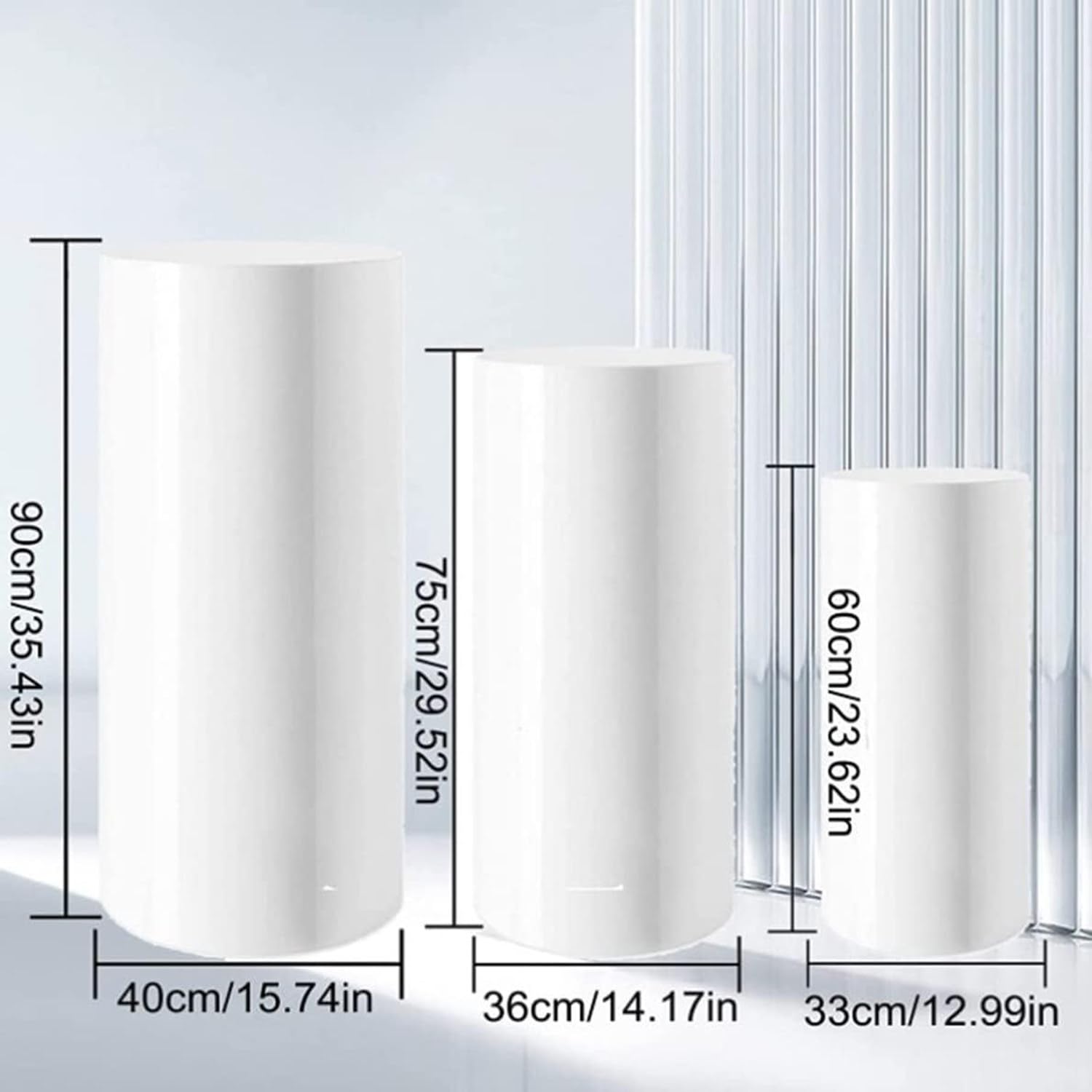 DCYEQRQ Round White Cylinder Pedestal Stand for Party Set of 3 Elastic Polyester Plinth Covers for Dessert Table Display Pillars (White)