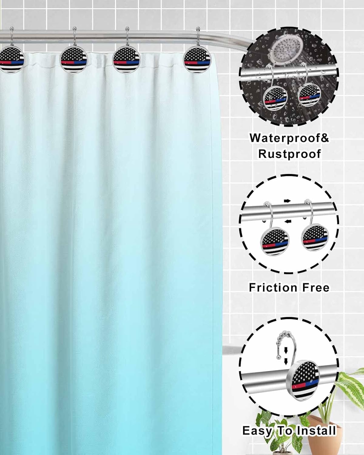 Shower Curtain Hooks 12 Pcs, Thin Blue Line Stainless Steel Rust Proof Rolling Shower Curtain Rings, Decorative Shower Curtain Hooks Hangers for Bathroom