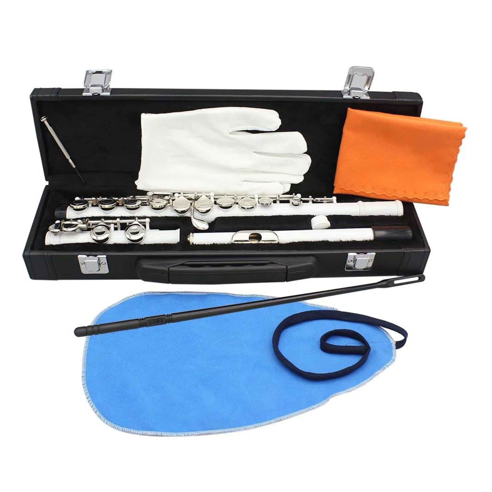 Flûte Traversière 16 Trous En Do Instrument Professionnel Blanc Livrée Avec Étui Baguettes Gants Et Pièces Flûte Pour Adultes
