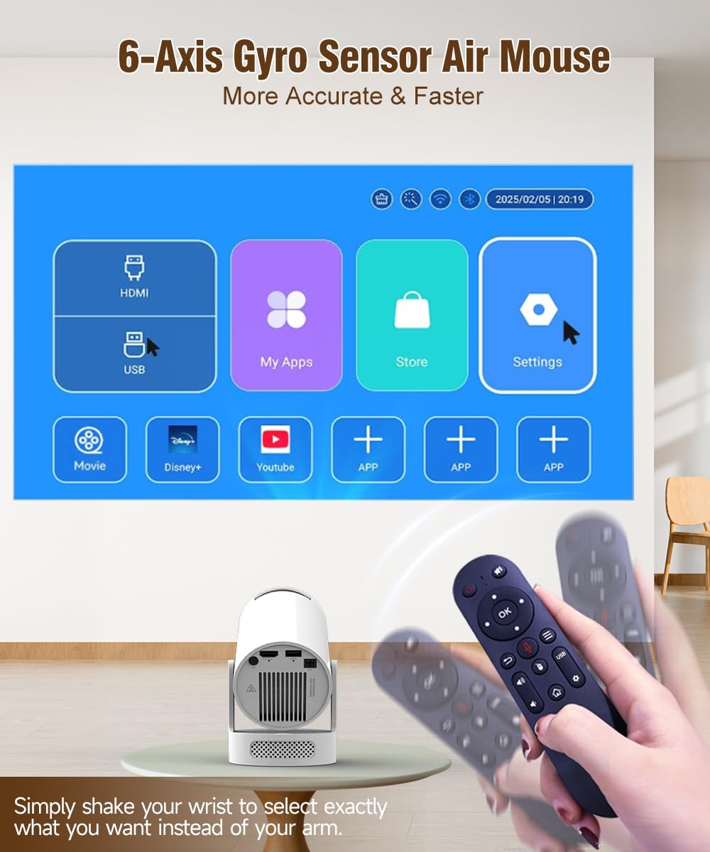 Mini Projektor 4K Unterstützt, Wi-Fi 6, Bluetooth 5.4, 5W Lautsprecher, Automatischer Trapezkorrektur, 180° drehbar, tragbarer Projektor