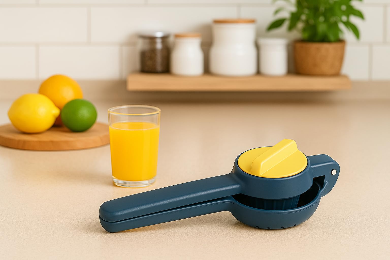 Vios Store El Tipi Narenciye ve Limon Sıkacağı – Kapaklı Filtreli Tasarım, Dayanıklı ABS Gövde, Portakal Mandalina Limon İçin Uygun, Ergonomik Saplı Pratik Mutfak Sıkacağı (LACİVERT-SARI)