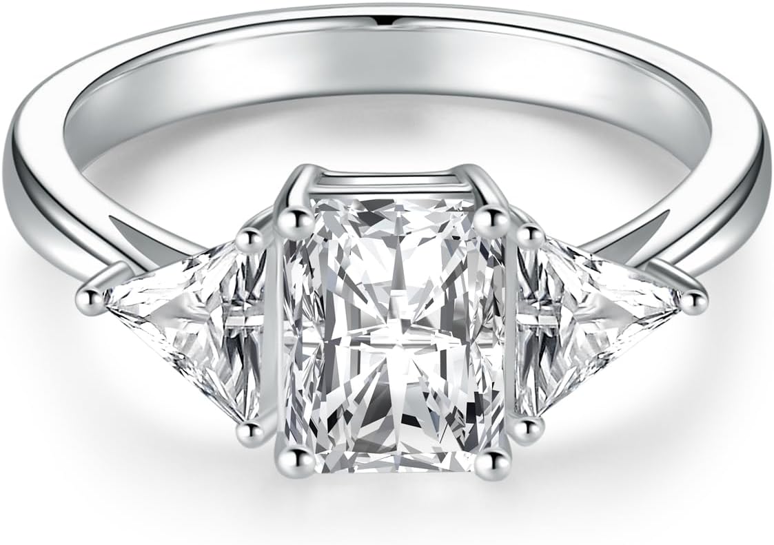 3CT Moissanite 3 Stone Emerald Cut Radiant Cut Moissanite Engagement Rings for Women, 2-1/2 Carat Sterling Silver with 18K White Gold Plated D Color VVS1 Clarity Wedding Ring Anniversary Promise Ring for Her Ring Size 5-9