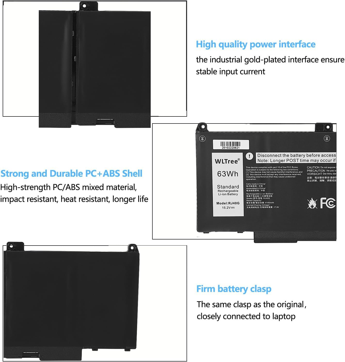 63Wh RJ40G Batteria per Dell Latitude 14 5420 Latitude 15 5520 Precision 15 3560 Mobile Workstation Series P137G P137G001 P104F 075X16 01K2CF WY9DX 005R42 0WK3F1 0M3KCN Battery 15,2V