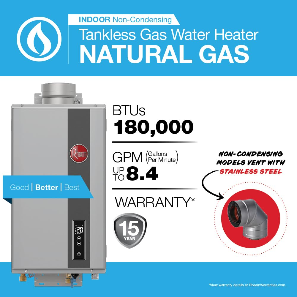 Rheem RTG-84DVLN-3 Calentador de agua de gas natural sin tanque de alta eficiencia sin condensación para interiores, 8.4 GPM