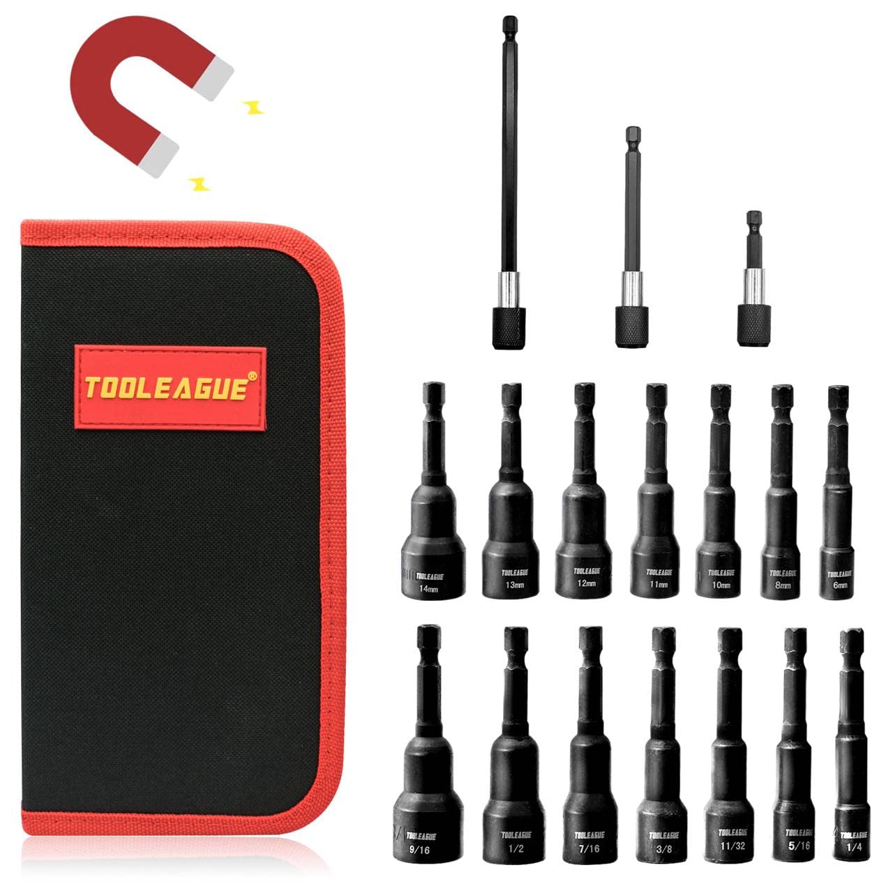 TOOLEAGUE Magnetic Nut Driver Set for Impact Drill Cr-V Steel 1/4" Quick-Change Hex Shank 17 Piece Metric/SAE Screwdriver with Storage Bag