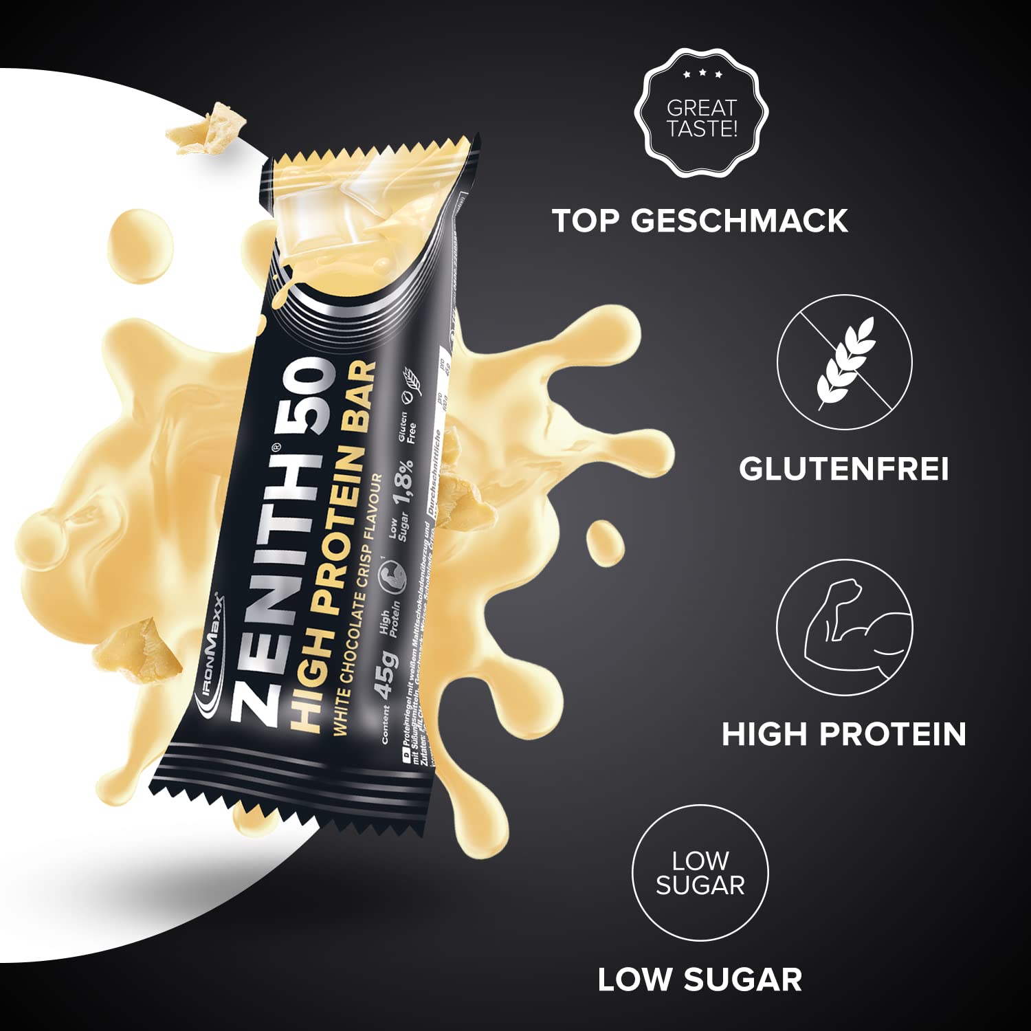IronMaxx Zenith 50 High Protein Bar - White Chocolate Crisp - 16x45g | Eiweißriegel mit 50% Protein | Low Sugar Snack mit cremiger Umhüllung | High Proteinriegel für Muskelaufbau, Diät & Fitness