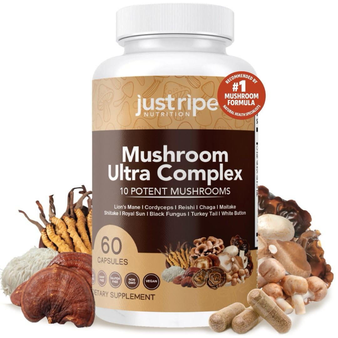 Just Ripe Nutrition Complexo de Cogumelos Reishi, Cordyceps, Juba-de-leão e Shiitake, 60 cápsulas