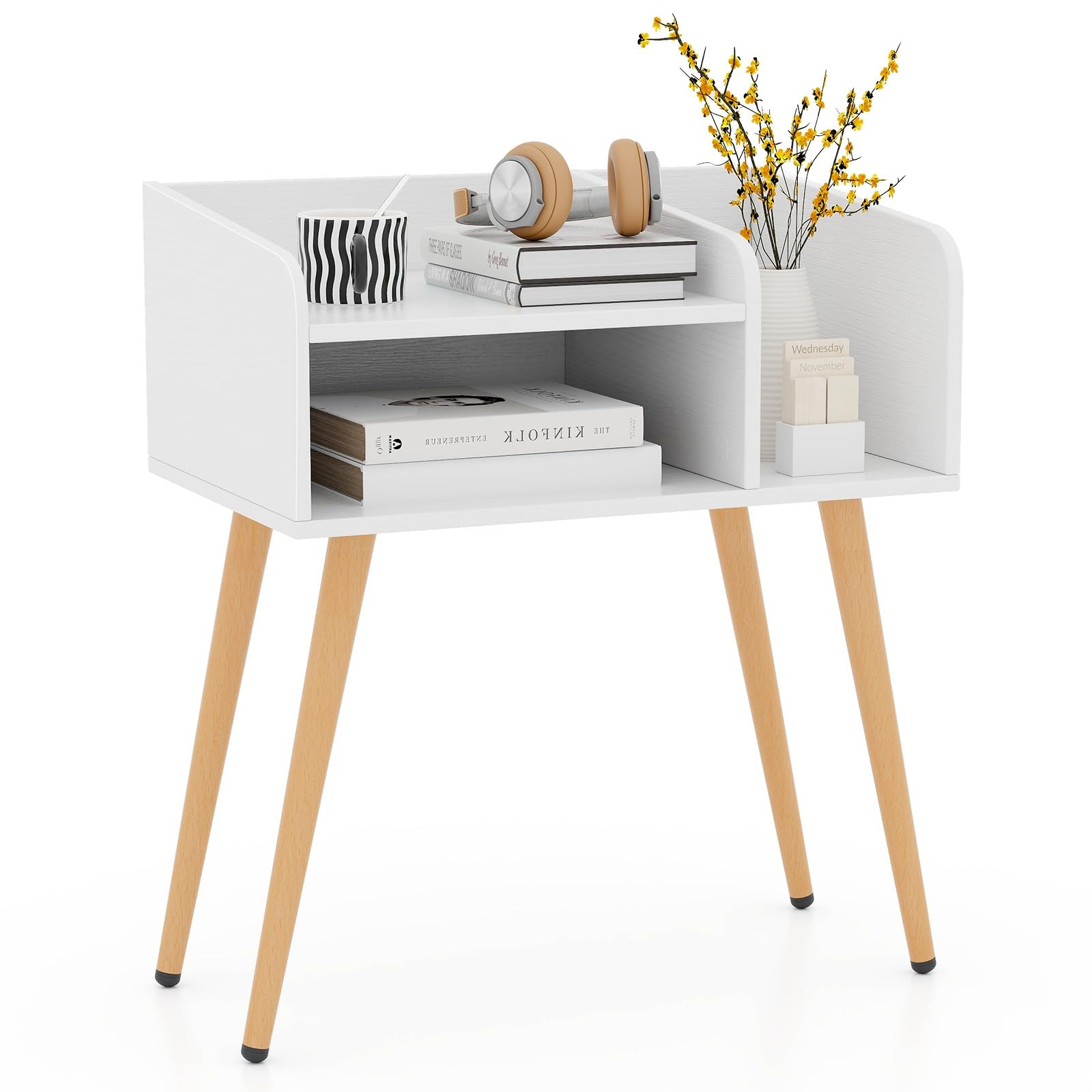 CASART Bedside Tables Set of 1/2, Wooden Nightstand Cabinet End Table with Open Shelves & Metal Support Legs, Modern Accent Sofa Side Table for Bedroom Living Room, 50x32x58cm (1, White+Natural)
