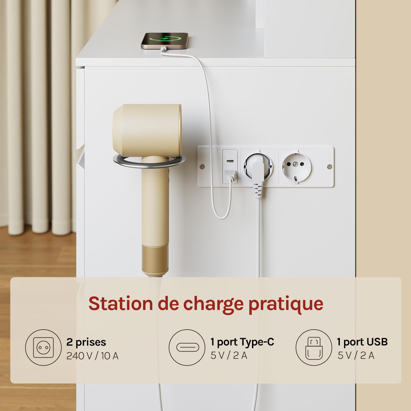 WOLTU Coiffeuse avec Miroir LED Coulissant et Multiprise, Luminosité Réglable, Grande Coiffeuse avec 9 Tiroirs, 11 Étagères, 1 Casier à Bijoux, Meuble Moderne pour Chambre, en Bois, Blanc