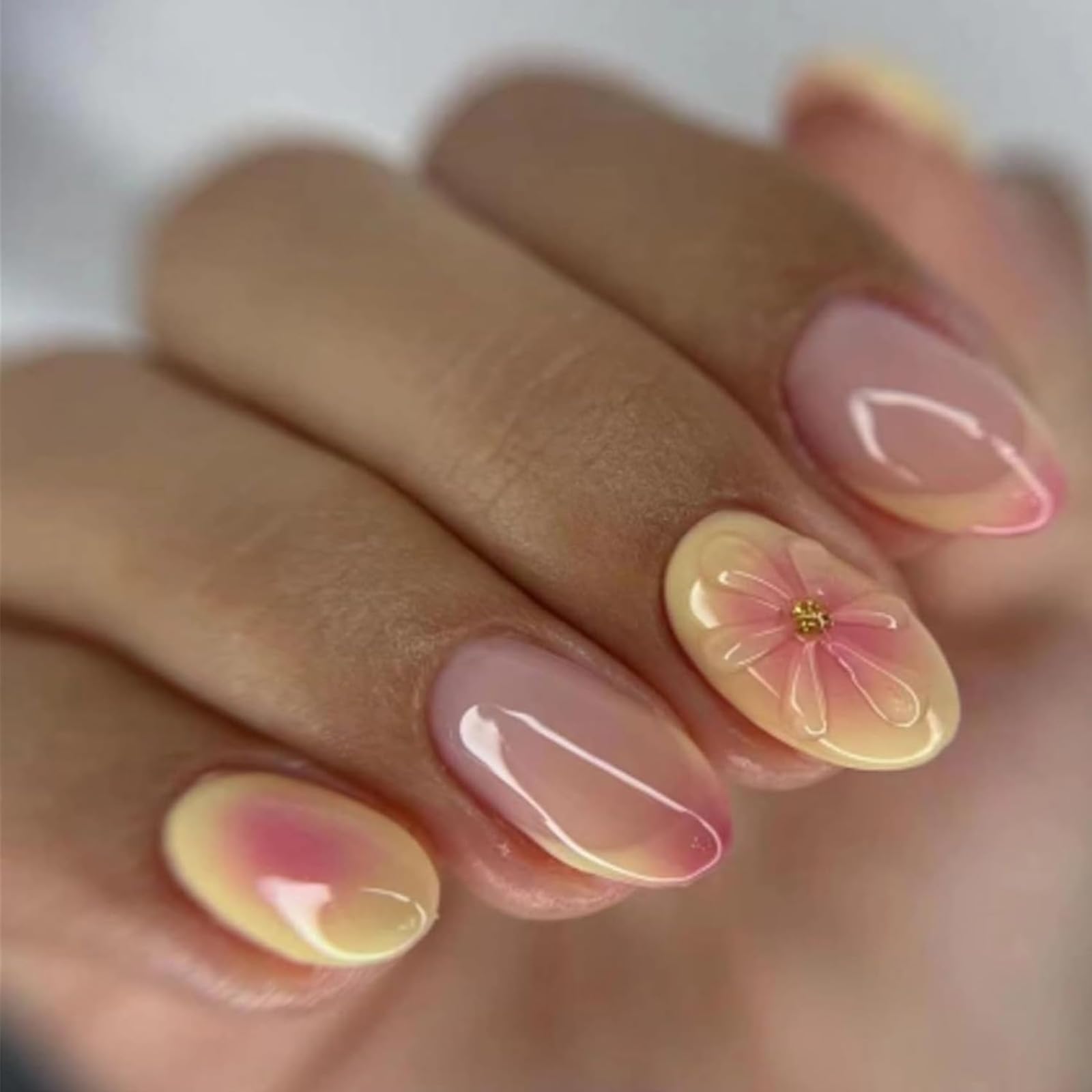 24PCS Yellow False Nails, Wsimily Flower 3D Press on Nails Almond Elegance Nail Art Kit Winter Stick on Nails Perfect for Daily Wear Parties Holidays & Wedding